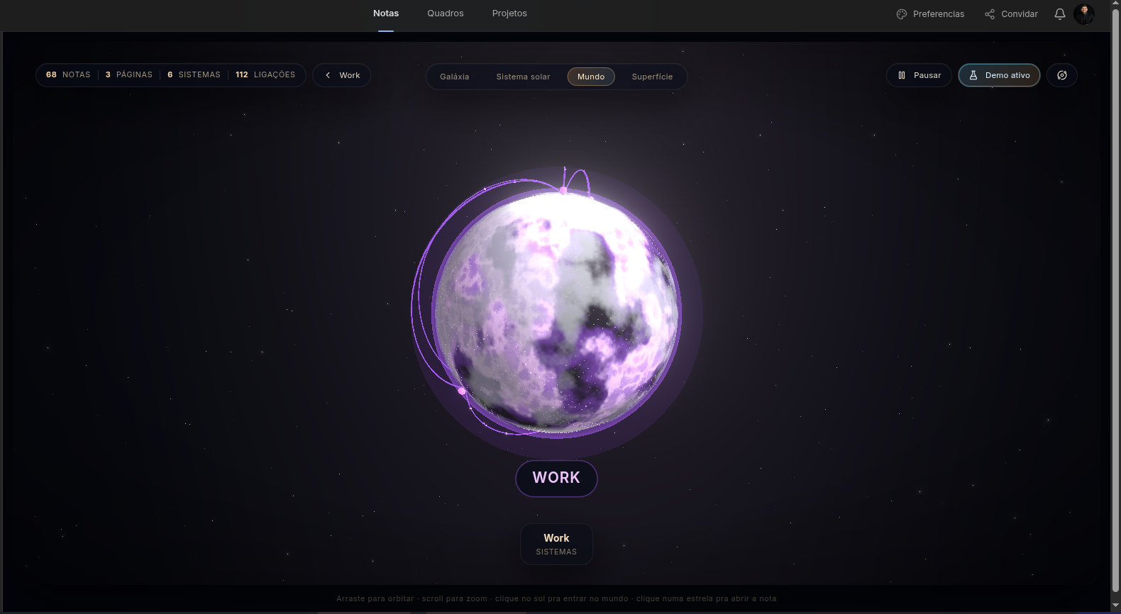 Visualização Cosmos do Asthero, vista de mundo com planeta roxo e orbita
