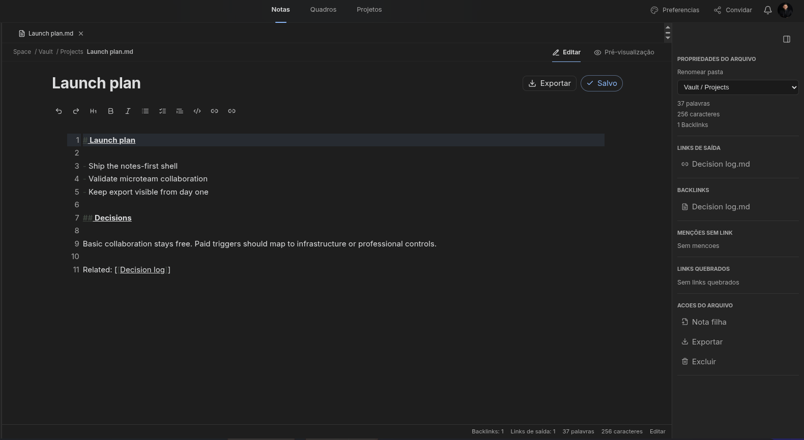 Editor de notas markdown do Asthero com sidebar de pastas e painel de backlinks