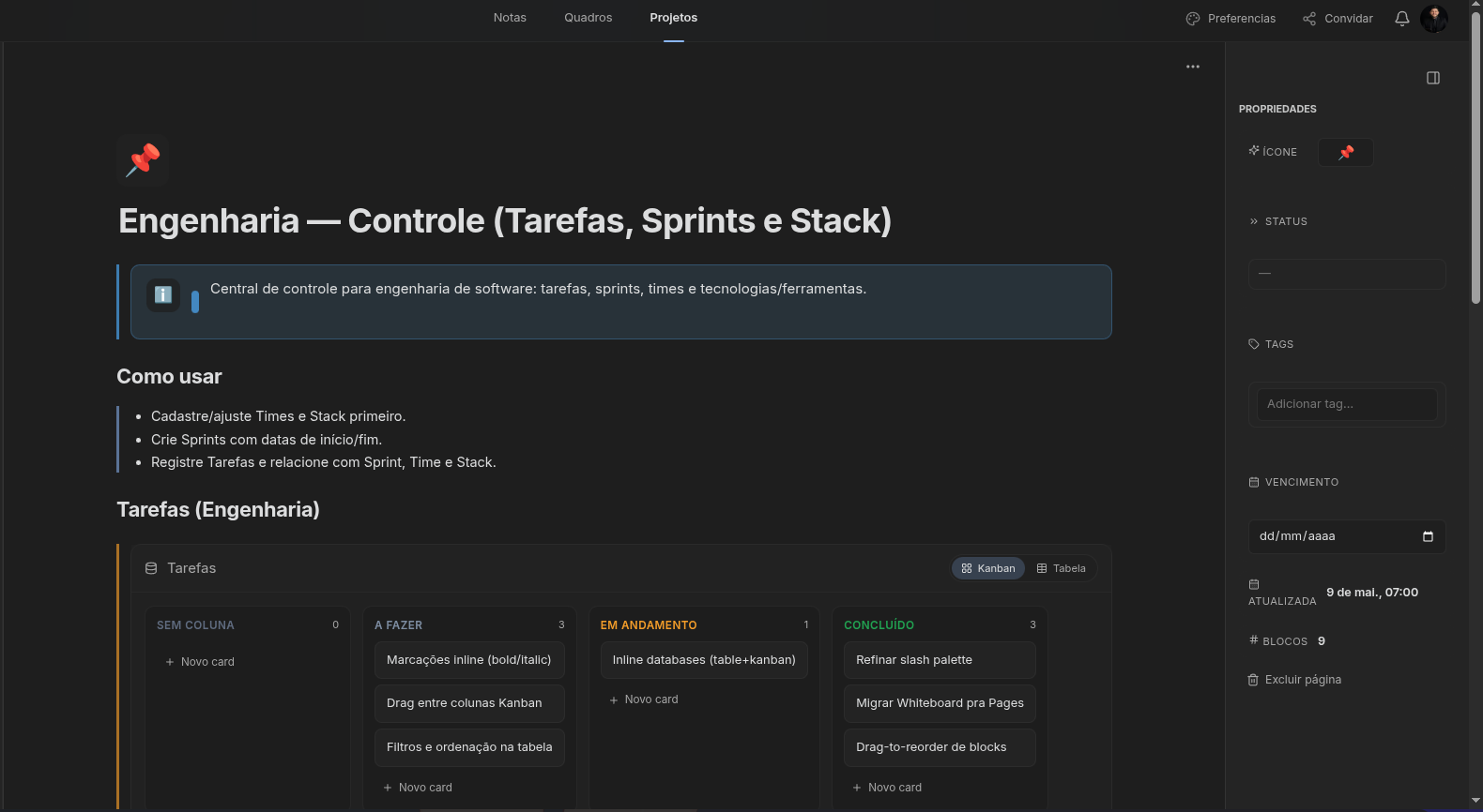Tela do Projetos do Asthero com callout, lista e quadro Kanban inline